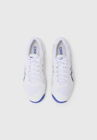 White athletic shoes with mesh upper, black and blue accents, round toe, flat laces, and a padded collar for comfort.