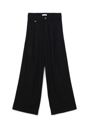Black wide-leg trousers made of smooth fabric, featuring a high waistband, two front buttons, and double pleats for added design detail.