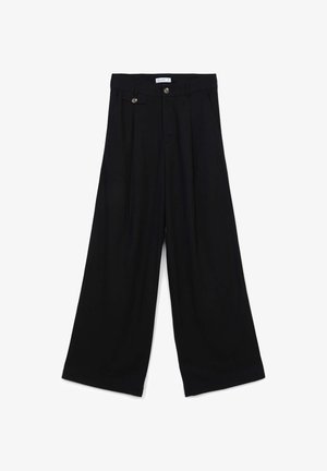 Black wide-leg trousers made of smooth fabric, featuring a high waistband, two front buttons, and double pleats for added design detail.