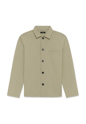 Heleroheline nööbitav jakk terava krae, pikkade varrukate, mustade nuppude ja rinnataskuga. Sile kangastekstuur.