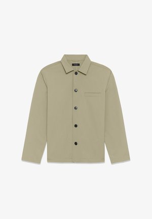 Geacă verde deschis cu nasturi, cu guler ascuțit, mâneci lungi, nasturi negri și buzunar la piept. Textură netedă a țesăturii.