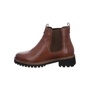 Brown leather ankle boot with elastic side panels, pull tabs, and thick black treaded sole.