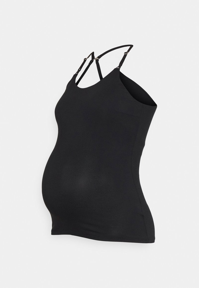 Top de maternidade preto, em tecido liso, com alças finas ajustáveis, forma ajustada e bolso lateral. Adequado para pessoas grávidas.