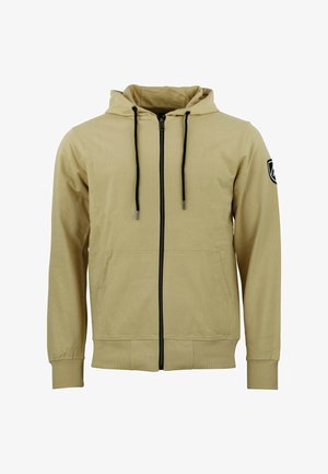 Felpa con zip beige, con cappuccio regolabile, zip nera e tasche laterali. Polsini e orlo a coste, con una toppa logo sulla manica.