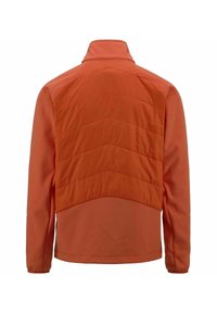 Giacca arancione con un retro imbottito a contrasto con cuciture a chevron, parte anteriore liscia, collettino alto e maniche lunghe.