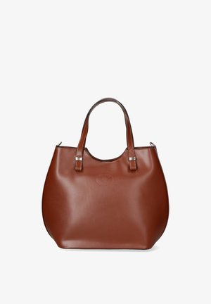 Borsa a spalla in pelle marrone con forma arrotondata, due manici e dettagli in hardware argentato. Texture liscia con logo impresso.