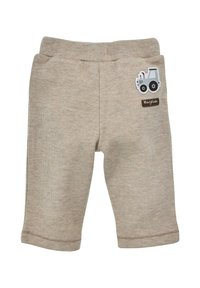 Beige cotton toddler pants with a textured pattern, featuring a white tractor patch and "Bergliebe" label. Cuffed hems and elastic waistband.