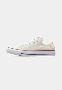 Canvas sneakers in off-white with pink accents, white rubber toe cap, and grey-blue stripe along the sole. Stars printed on the heel.