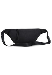 Sac banane en tissu noir au design épuré, avec une bande réglable, une fermeture éclair sur le dessus et un accent en cordon sur le devant.