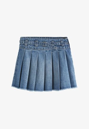 Jeans-Rock mit Falten in Hellblau, ausgestattet mit einem taillierten Bund mit Gürtelschlaufen, einem dezent ausgefranseten Saum und mehreren vertikalen Falten für Volumen.