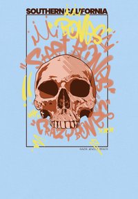 Grafika s hnědou lebkou na světlomodrém pozadí, obklopená barevným graffiti textem v žluté a oranžové barvě.