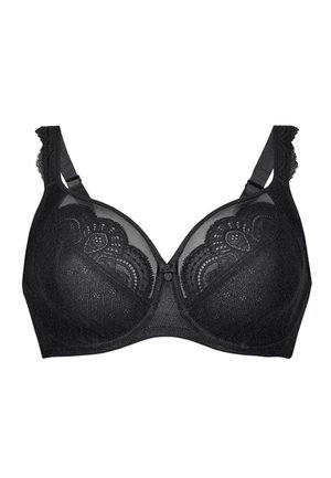 Schwarzer Spitzen-Bügel-BH mit verstellbaren Trägern und gewellten Kanten, mit transparenten floralen Spitzenpaneelen auf den Körbchen.