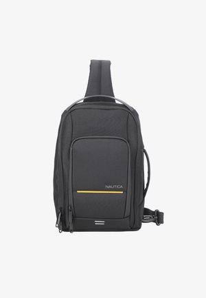 Sac à dos en bandoulière Nautica noir avec une poche zippée à l'avant, des détails en jaune, une seule sangle rembourrée pour l'épaule et une poignée latérale.
