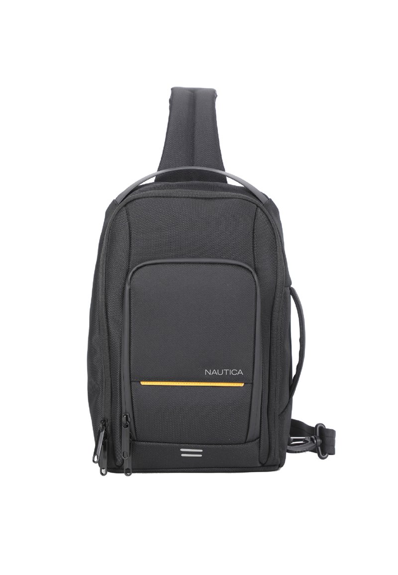Zaino a tracolla Nautica nero con tasca frontale con zip, dettagli in giallo, spallaccio singolo imbottito e maniglia laterale.