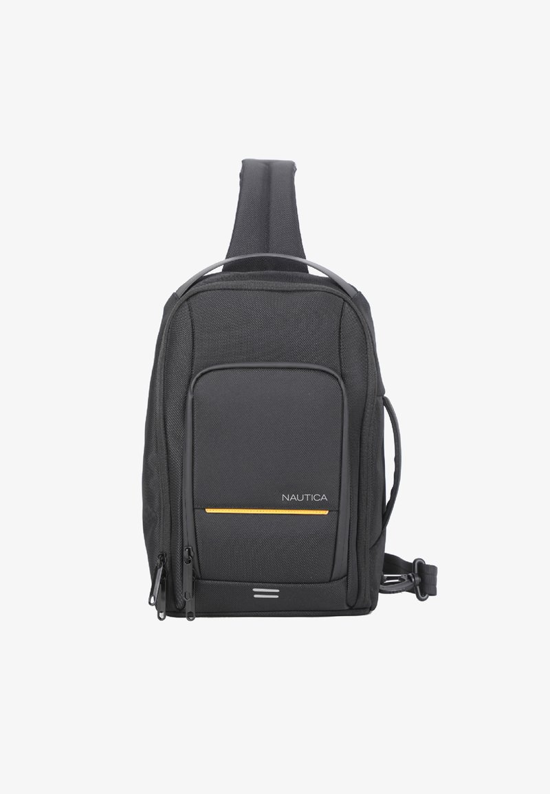 Zaino a tracolla Nautica nero con tasca frontale con zip, dettagli in giallo, spallaccio singolo imbottito e maniglia laterale.