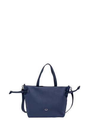 Navy blue tote bag with two short handles, adjustable shoulder strap, and small metallic logo on front center.