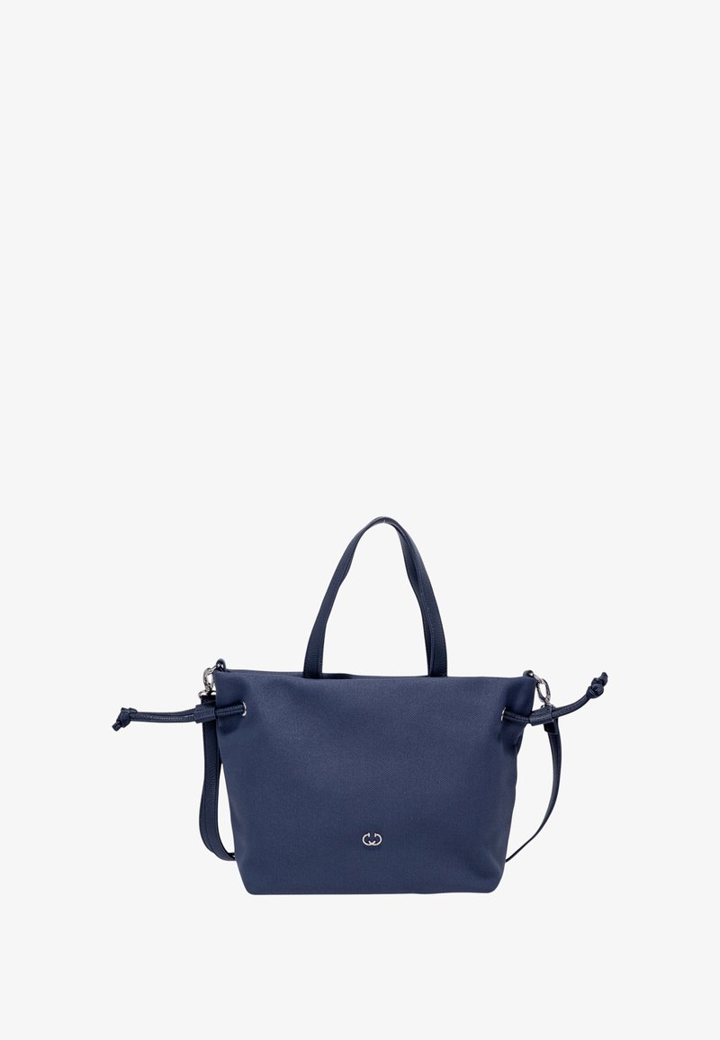 Dunkelblaue Tragetasche mit zwei kurzen Griffen, verstellbarem Schultergurt und kleinem metallischen Logo in der Mitte vorne.