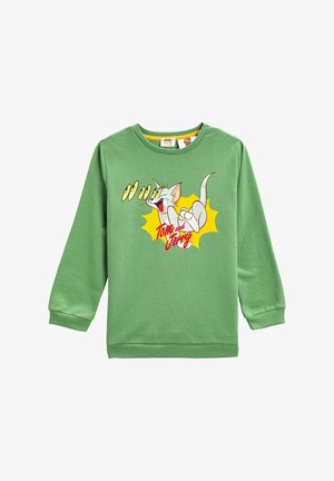Sudadera verde con gráfico de un personaje de dibujos animados, puños y bajo de canalé, con una textura suave y un ajuste informal.