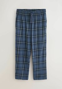 Marineblau karierte Schlafanzughosen mit weicher Textur, die ein schwarz-blau-weißes Karomuster und einen elastischen Bund mit Kordelzug aufweisen.