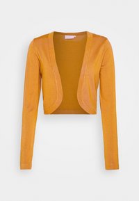 Cardigan naranja recortado hecho de un tejido brillante y texturizado con mangas largas y un diseño de frente abierto, con bordes suaves y acabado sin costuras.