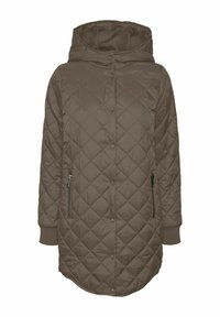 Veste matelassée marron à capuche avec fermeture à pression, fermetures éclair latérales, poignets côtelés et ourlet incurvé. Fabriquée en tissu lisse et léger.