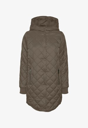 Prošívaná hnědá bunda s kapucí, zapínáním na patentky, bočními zipy, žebrovanými manžetami a zakulaceným lemem. Vyrobená z hladké, lehké látky.