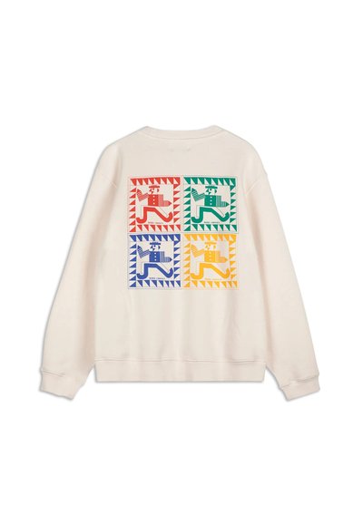 Felpa crema con una stampa grafica di colorati disegni di cani in quadrati rossi, verdi, blu e gialli sul retro.
