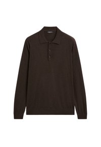 Donkerbruin poloshirt met lange mouwen, drie knopen en een klassieke kraag, weergegeven op een witte achtergrond.