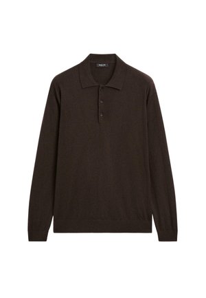 Dark brown long-sleeve polo shirt with three buttons and a classic collar, displayed on a white background.