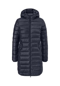 Tamno plavi kaput s podstavom i kapuljačom, s prednjim patentnim zatvaračem, bočnim džepovima i duljim dizajnom s pikiranim dijelovima za izolaciju.