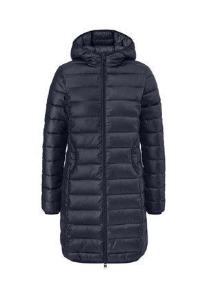 Giacca imbottita blu navy con cappuccio, dotata di zip frontale, tasche laterali e un design più lungo con sezioni trapuntate per l'isolamento.