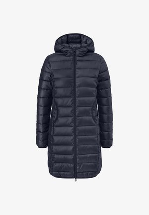 Tumedat sinise värvi soojustatud jope kapuutsiga, millel on ettepool tõmbevarras, küljetaskud ja pikem disain, millel on isoleerimiseks kirjakujundusega osad.