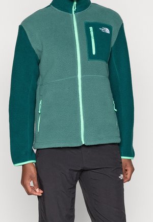 Homme portant une veste polaire verte et bleu sarcelle avec une poche poitrine zippée et un pantalon noir, tous deux de la marque The North Face.