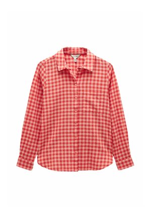 Red and light pink checkered long-sleeve button-up shirt with collar and front chest pocket, displayed flat on white background.