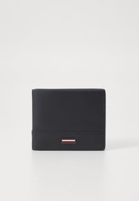 Black leather wallet with a slim design. Features a metallic accent with red, white, and blue stripes. Smooth texture and clean edges.