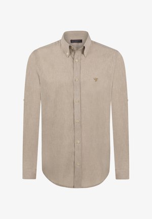 Beige Langarmhemd aus strukturiertem Stoff, mit einem Button-Down-Kragen, Frontknöpfen und einem kleinen gestickten Design auf der Brust.