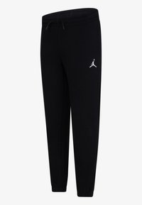 Černé joggingové kalhoty vyrobené z bavlněné směsi, s elastickým pasem, manžetami na kotnících a malým bílým logem na levém stehně.