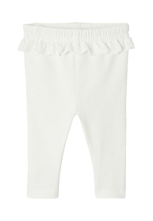 Weiße Baby-Leggings mit elastischem Bund und gerüschtem Spitzenbesatz am Bund, schlicht und knöchellang.