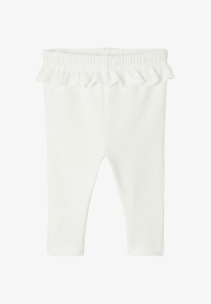 White baby leggings with elastic waistband and ruffled lace trim around the waist, plain and ankle-length.
