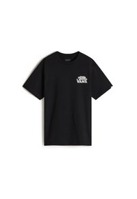 Camiseta de algodón negra con mangas cortas. Presenta un logo blanco de Vans en el lado izquierdo del pecho. Diseño simple y clásico con cuello redondo.