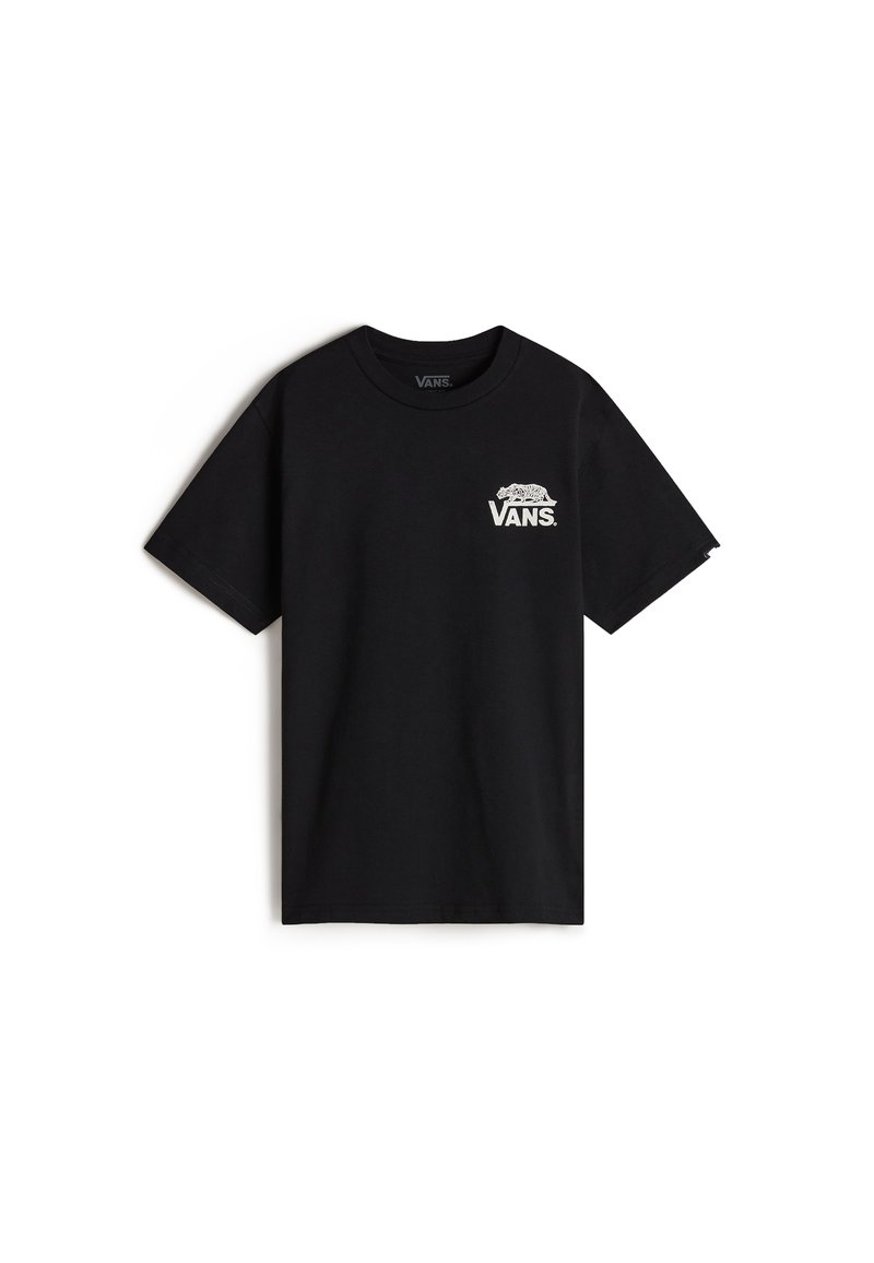 Camiseta de algodón negra con mangas cortas. Presenta un logo blanco de Vans en el lado izquierdo del pecho. Diseño simple y clásico con cuello redondo.