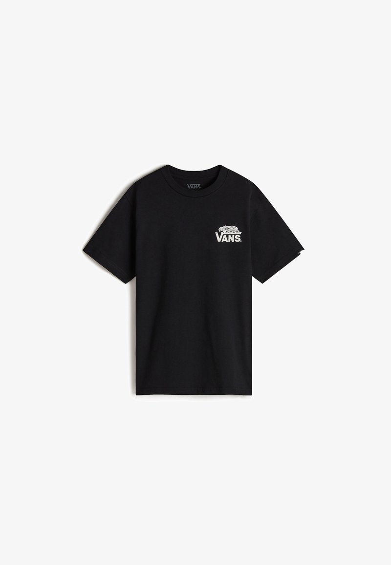 Camiseta de algodón negra con mangas cortas. Presenta un logo blanco de Vans en el lado izquierdo del pecho. Diseño simple y clásico con cuello redondo.