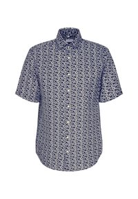 Korte mouw knoopshirt in marineblauw met een witte bloemenpatroon, met een kraag en een rechte zoom. Gemaakt van lichtgewicht stof.