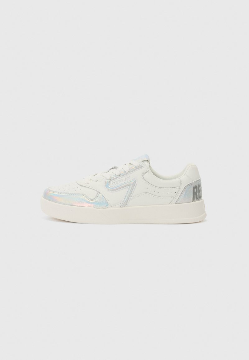 White sneaker with iridescent accents and perforated design. Features a flat sole and textured detailing. "REPLAY" logo on the heel.