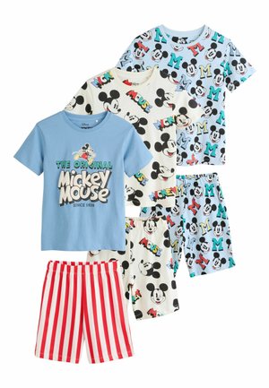 Tre Mickey Mouse-tema korteærmede børnetoppe og matchende shorts i blåt, hvidt med Mickey-ansigter og rødhvide striber.