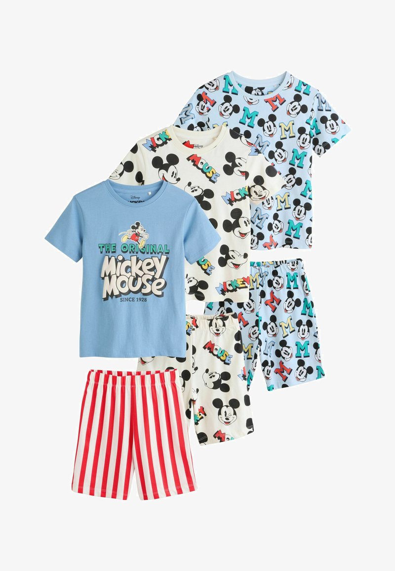 Trois hauts à manches courtes pour enfants sur le thème de Mickey Mouse et shorts assortis en bleu, blanc avec des visages de Mickey et des rayures rouges et blanches.