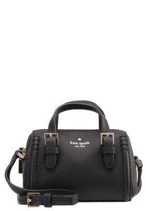 Black textured leather Kate Spade handbag with top handles, adjustable shoulder strap, and gold buckle and logo accents.