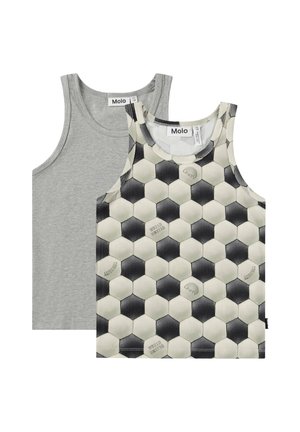 Dwa dziecięce tank topy bez rękawów, jeden jednolity szary, a drugi z czarno-białym wzorem heksagonów przypominającym piłkę nożną.