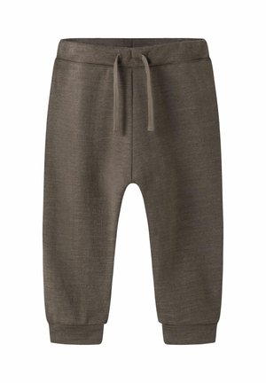 Pantalon de survêtement marron texturé avec une taille élastique et un cordon de serrage. Des poignets ajustés aux chevilles complètent le design.