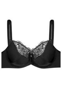 Czarny stanik z koronkowym wykończeniem, z kwiatowymi wzorami i małym dekoracyjnym akcentem na środku. Regulowane ramiączka; gładka faktura materiału.